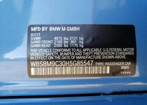 2017 BMW M3 z USA, uszkodzony, nr VIN WBS8M9C30H5G85547